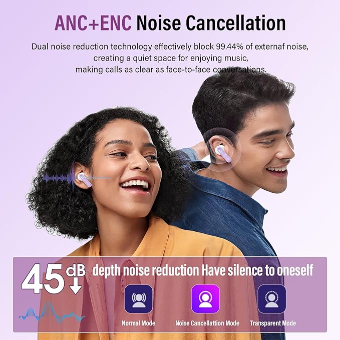 Wireless Earbuds, Bluetooth 5.4 Ear Buds with Multifunctional Touch Screen, 48H Bass Stereo Headphones with ANC/ENC Noise Cancelling/Transparency Mode, IPX7 Earphones with 5 EQ Modes, Purple