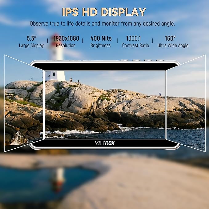 VILTROX DC-V1 Touch Screen Camera Field Monitor, 1920x1080 IPS 5.5 inch DSLR Camera Monitor with Sunshade Hood and Battery, 3D LUT HDR 4K HDMI in/Output Exposure Waveform Focus Assist Video Monitor