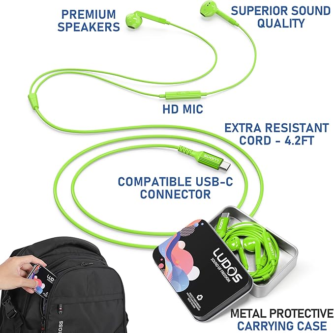 LUDOS FEROX USB C Headphones for iPhone 16 15 Pro Max Plus iPad Pro, 5 Years Warranty, USB-C Earbuds for Samsung Galaxy S24 S23 Ultra S22 S21 S20 A55 A54 A53, USB Type C Earphones - Green