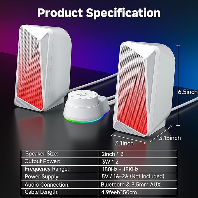 SOULION C30 Bluetooth Computer Speakers, 2.0 PC Speakers USB Powered & 3.5mm Aux Speaker with Easy-Control Pod, Pulsing & LED Flame Lights, Desktop Speaker for Monitor Laptop - White