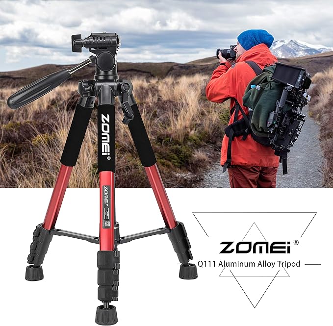 55" Tripod Q111 Travel Camera Tripod with 3-Way Pan Head and Phone Holder Mount for Gopro,Projector,Smartphones Webcam,Spotting Scopesto Live Broadcast and DSLR EOS Canon Nikon Sony Samsung(Red)