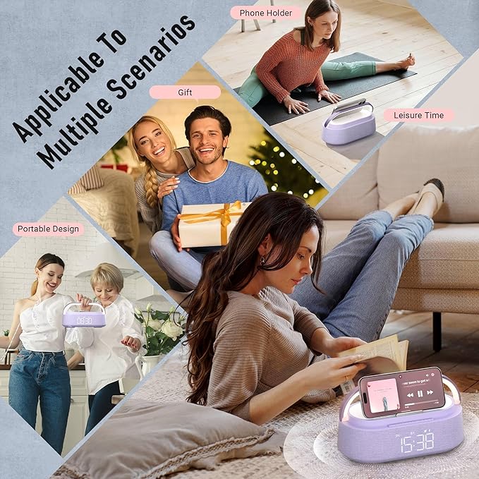 Bluetooth Speaker with Wireless Charger, FM Radio, Dimmer Night Light, Phone Holder, Wireless Charging Speakers for iPhone Samsung, Bedrooms Home Office Gifts