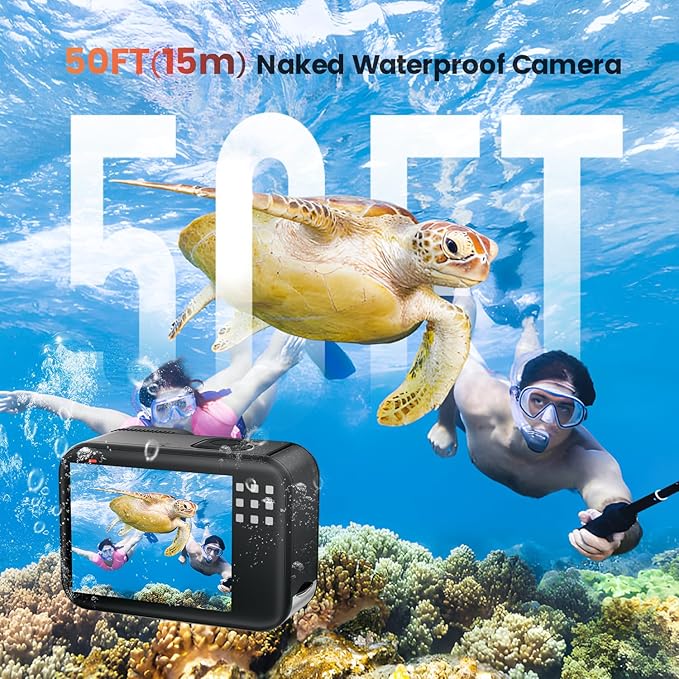4K 60FPS 48MP WiFi Action Camera with Touch Screen, 50FT Underwater Waterproof Camera, No Case Needed, EIS Motorcycle Camera, 8X Zoom, 64GB Card, Remote Control, Batteries & Mounting Kits