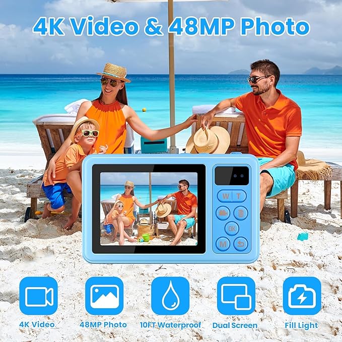 4K Digital Camera Waterproof, Point and Shoot Cameras for Photography, 10FT Underwater Camera with Dual Screens,18X Digital Zoom, 32GB TF Card, Selfie Cameras for Teens Beginners Girls Boys Kids(Blue)