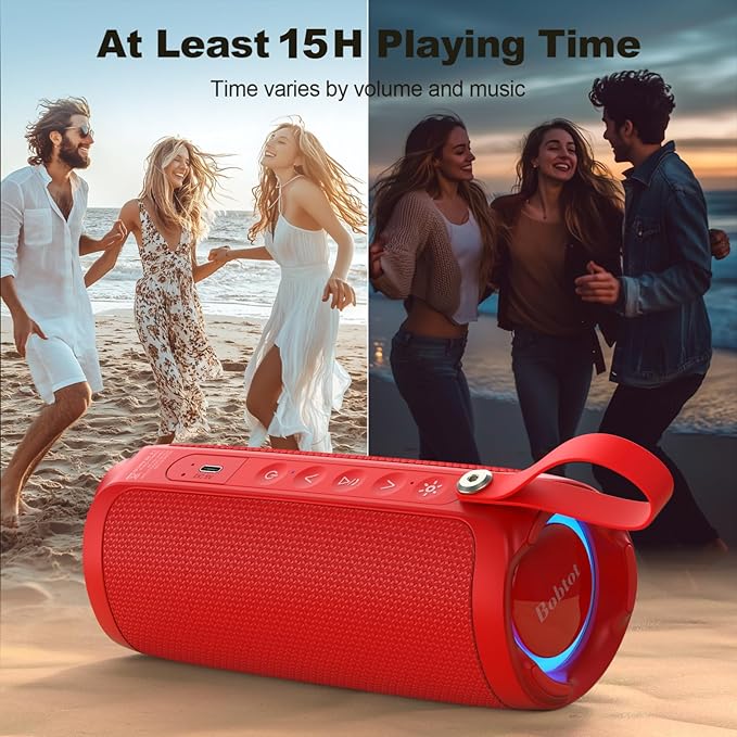 Bobtot Portable Bluetooth Speaker, IPX6 Waterproof Speaker with Punchy Bass, 15W Loud Sound, RGB, 15H Playtime, Dual Pairing for Party, Camping, Beach, Red