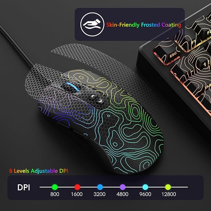 Womier Wired Gaming Mouse, 12800 DPI RGB Computer Mouse Topographic with 7 Programmable Buttons & 7 Backlit Modes, Software Supports DIY Black Gamer Mouse for Laptop PC Mac Windows (G706)