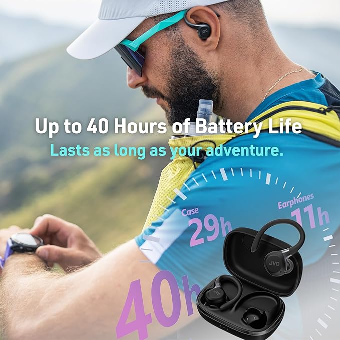 JVC Fitness Series True Wireless Sport Earbuds with Adjustable Hooks, Active Noise Cancelling, Ambient Sound Mode, IP57 Waterproof, 40hr Long Battery Life, App EQ, Low Latency, Mic HAEC75TB Black