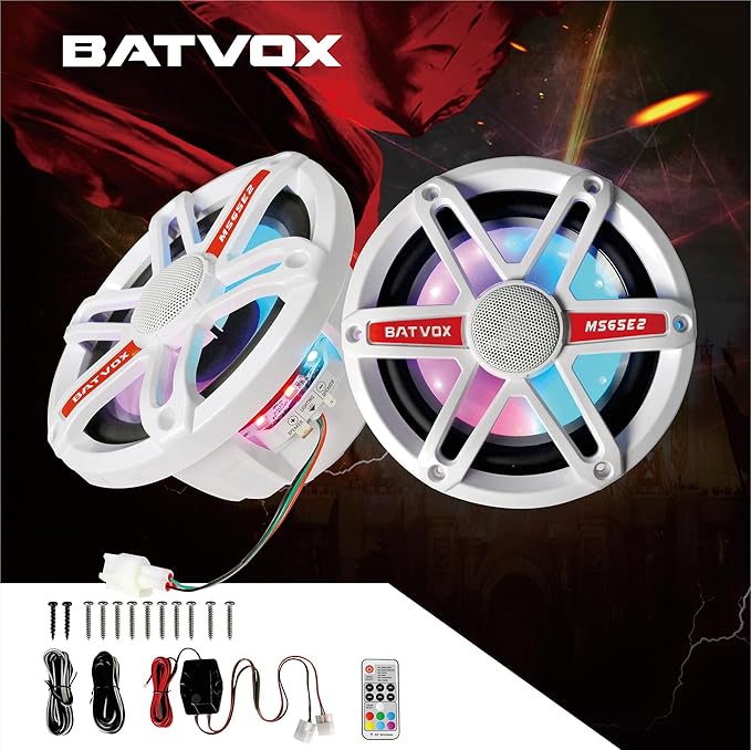 MS65E2 6.5 Inch Marine Speakers with 7-Color LED Lights，2 Way IP67 Waterproof and Weather Resistant Outdoor Stereo Sound System with 300 Watt Max, White (2 Speakers)