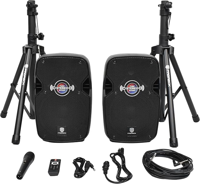 PRORECK 8-Inch Stereo Speakers, 650W Peak Power Bluetooth PA Speaker, with Wired Microphone, Speaker Stands & Remote – Portable DJ Speaker for Parties, Events, Karaoke