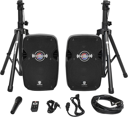 PRORECK 8-Inch Stereo Speakers, 650W Peak Power Bluetooth PA Speaker, with Wired Microphone, Speaker Stands & Remote – Portable DJ Speaker for Parties, Events, Karaoke