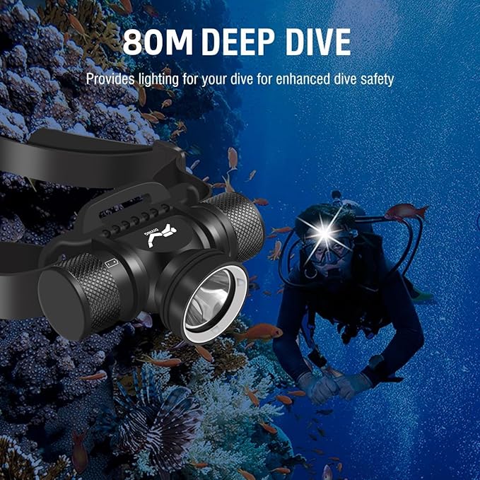 WINDFIRE Scuba Diving Light, Long Range Diving Flashlight Headlamp, 5 Modes Dive Flashlight, Ultra Bright IPX8 Waterproof Underwater 80 Meters Safety Snorkeling Head Light with Power Indicator
