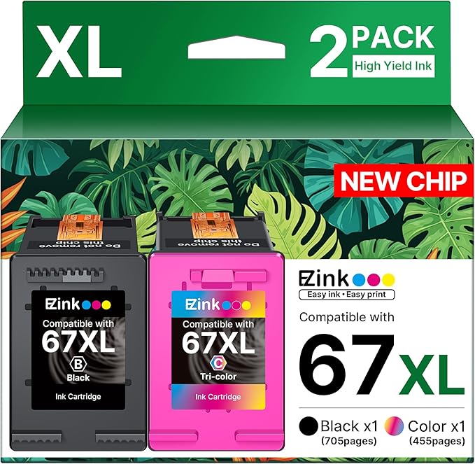 67XL Ink Cartridges Black/Color Combo Pack Remanufactured for HP Ink 67 67XL to Use with HP Deskjet 2855e 2800e 2755e 2827e 2700e 2700 2852e 4255e 2734e 4100 4000 Envy 6000 6055e Printer (2-Pack)