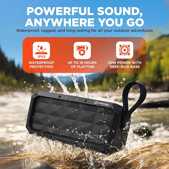 HyperGear BeastXL Bluetooth Speaker Waterproof - 30W IPX6 Portable Speaker Bluetooth, Linkable Blue Tooth Speakers Outdoor and Indoor Beach & Pool Loud Bass Wireless Speakers, Built-in Mic with USB-C