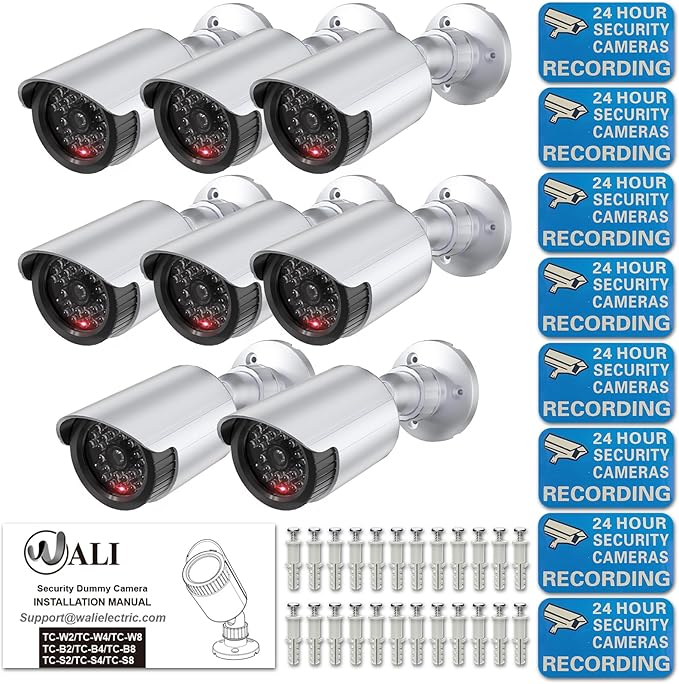 WALI Dummy Fake Simulated Surveillance Security CCTV Dome Camera Indoor Outdoor with One LED Light, Warning Security Alert Sticker Decal (TC-S8), 8 Packs, Silver