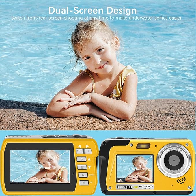 4K Underwater Camera, Full HD 4K&48MP Compact, 10FT Waterproof Camera for Snorkeling, Surfing, Rafting, Dual-Screen for Selfie/16X Digital Zoom/Fill Light/Support 128GB （Yellow）