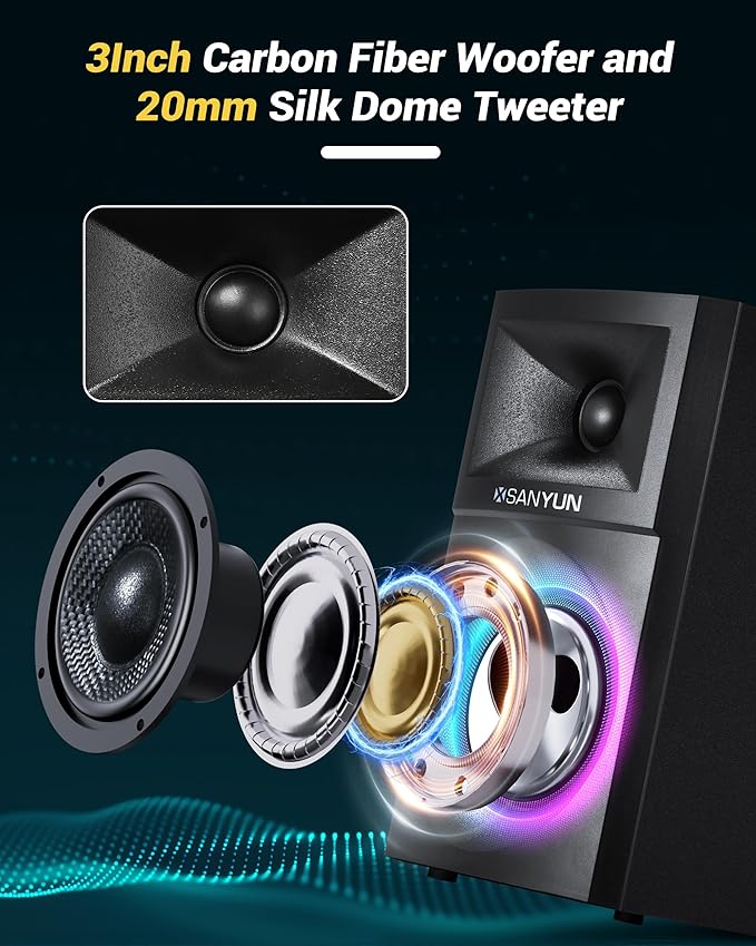 Sanyun SW203 4.0 Computer Speakers - 60W 4-Way DSP Control 3D Immersive Sound - 3" Carbon Fiber Woofer & 20mm Silk Dome Tweeter - 24bit DAC USB/Bluetooth 5.4/AUX - Studio-Grade Audio (Pair, Black)