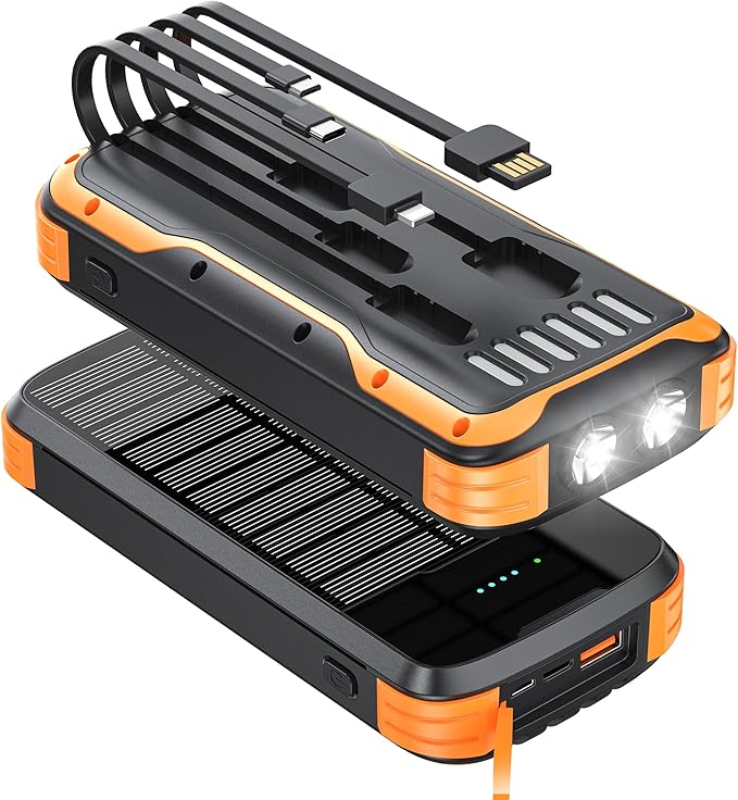 Solar Charger Power Bank, 40000mAh Portable Charger PD 20W Fast Charging Solar Power Bank Built in 4 Cables and USB-C in/Output, Camping Essentials External Battery Pack with Flashlights