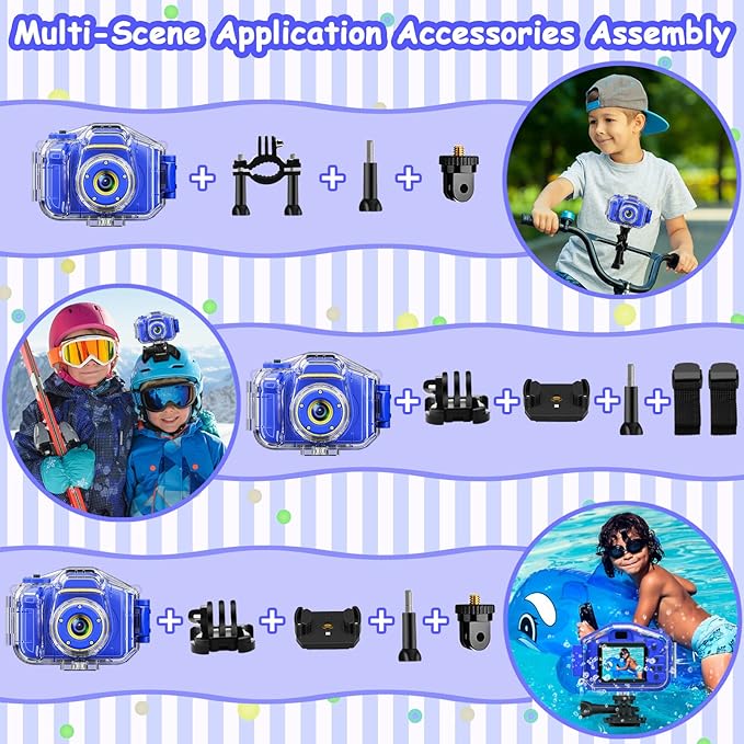 DEKER Kids Waterproof Camera, Christmas Birthday Gifts for Boys Girls Toys 3-12 Year Old, Underwater Mini Children HD Digital Action Camcorder, 2 Inch IPS Screen with 32GB Card (Dark Blue)
