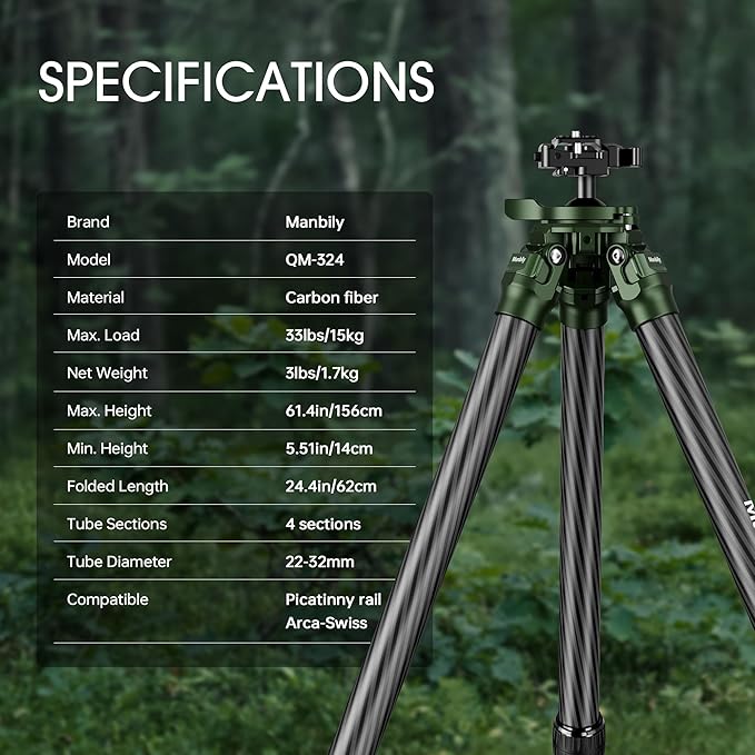 Manbily Shooting Tripod, Carbon Fiber Hunting Tripod with 32mm Legs and 38mm Ball, Picatinny to Arca Swiss Adapters, Max Load 44lbs (QM-324PA)