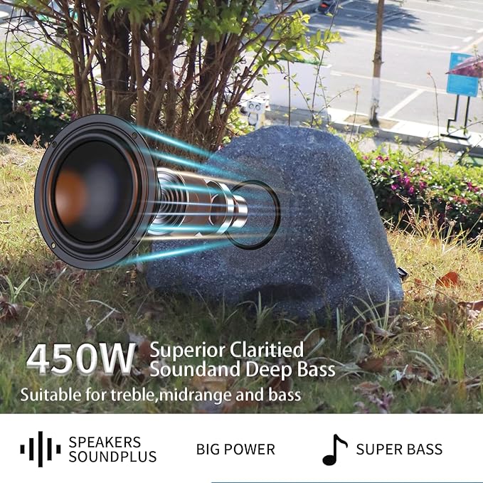 6.5" Bluetooth 5.4 Outdoor Rock Speakers, 450 Watt IPX6 Waterproof Wireless Multi-Sync up to 200 Speakers Auto-Pairing Auracoast Networking Tech for Backyard Garden(Pair, Gray) (6.5 Inch)