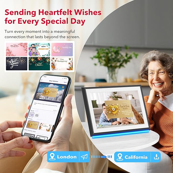 RCA 10.1" WiFi Digital Picture Frame Uhale App Photo Frames Electronic HD IPS Touch Screen Display with 32GB Memory LED Lights, Support USB/SD Card, Slideshow, Instantly Share Photos Videos