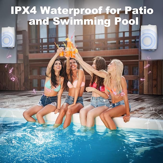 Herdio 8 inch 600W Outdoor Bluetooth Speakers Waterproof Wired with Powerful Bass, TWS Pairing Wall Mount Durable Loud Sound System Suitable for Patio Garden Porch Backyard Home Theater (1 Pair White)