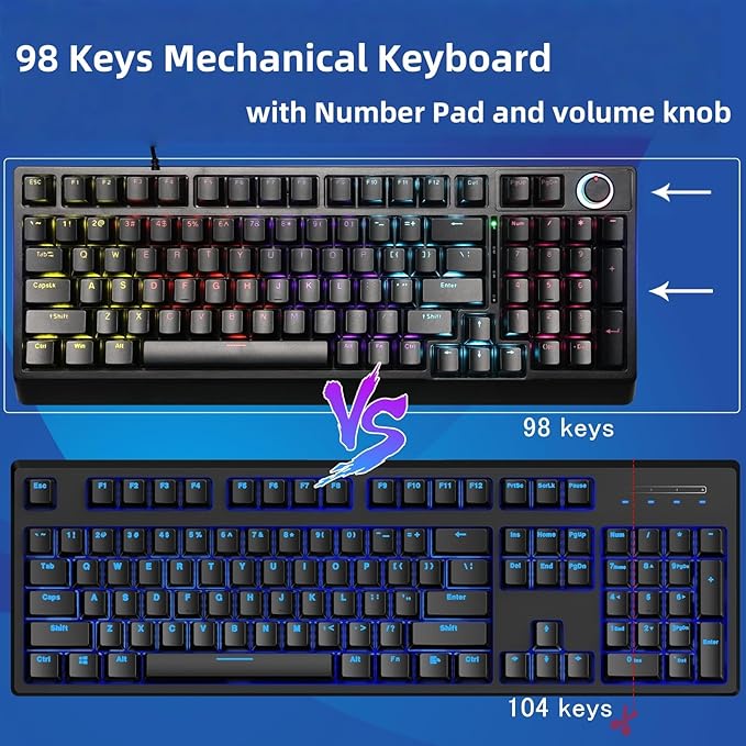 Mechanical Gaming Keyboard with Red Switches:98 Keys with Backlit, Black, Fine-Tune Audio or Brightness Using The Dual-Function knob,17 Lighting Modes,Anti-Ghosting, Wired USB for PC Mac Gaming