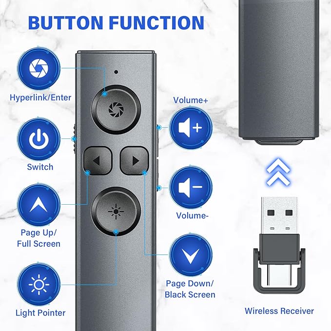 Presentation Clicker Wireless Presenter Remote Clicker, Clicker for Powerpoint Presentations,2-in-1 USB A/USB C Powerpoint Clicker for Google Slide Advancer & Volume Control, Presenter Remote for Mac