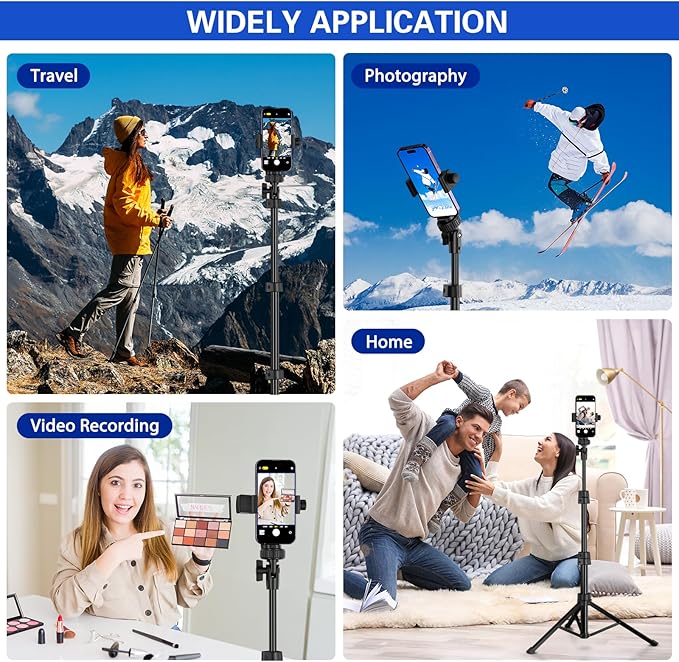 62" Phone Tripod with Tripod Mount Adapter & LED Light, Extendable Phone Tripod Stand with Wireless Camera Remote for iPhone, Android Phone Wrist Strap Included (Black-Tripod)