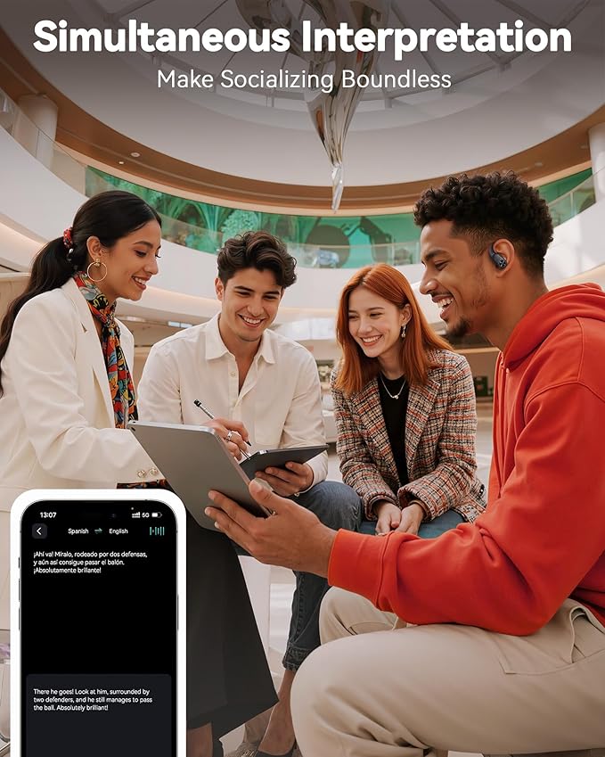 Translation Earbuds Real Time 164 Languages AI Translator Ear Buds 80Hrs Playtime Audifonos Traductores Inglés Español with 8 Translate Modes Bluetooth Headphones for Travel Meeting Learning Black