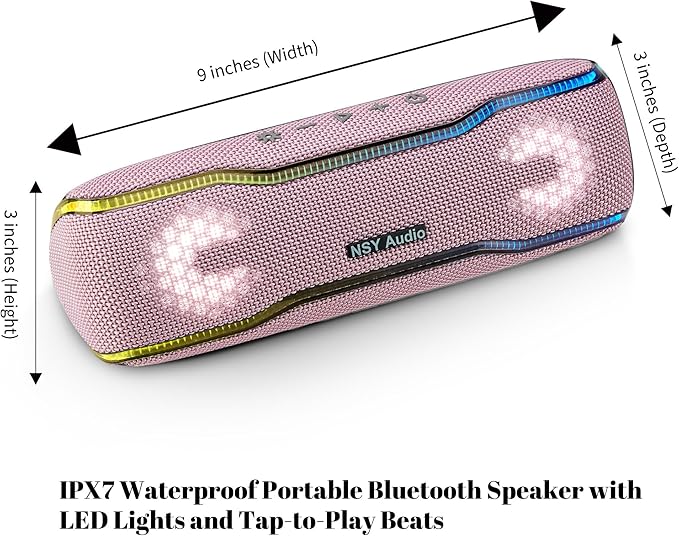 Pink Bluetooth Speaker, IPX7 Waterproof Outdoor Wireless Speaker, 24H Playtime, LED Lights, TWS Pairing, Ideal for Pool, Beach, Birthday Gifts for Teen Girls, Pink