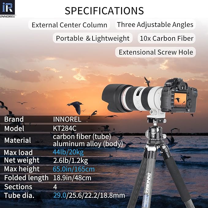 Carbon Fiber Tripod-INNOREL KT284C Super Professional Portable Travel Tripod for DSLR Camera Heavy Duty Compact Stand Support 1.1in/29mm Tube Max Load 44lbs/20kg with Short Center Column Only Tripod