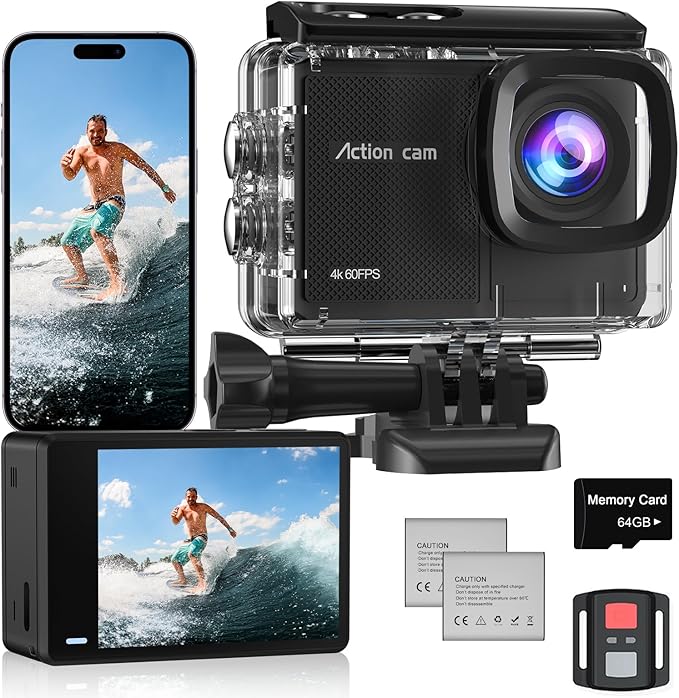 4K 60FPS Action Camera with 64GB Card-48MP Waterproof Camera,40M Underwater Camera,8X Zoom,EIS Stabilization,WiFi,Remote Control,MotorcycleCamera with 2 Rechargeable Batteries