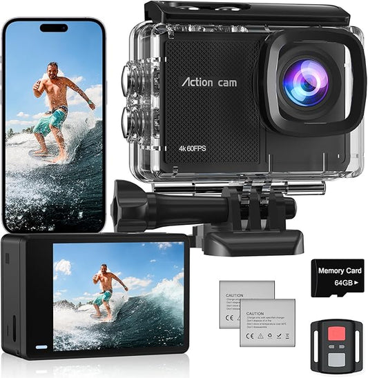 4K 60FPS Action Camera with 64GB Card-48MP Waterproof Camera,40M Underwater Camera,8X Zoom,EIS Stabilization,WiFi,Remote Control,MotorcycleCamera with 2 Rechargeable Batteries