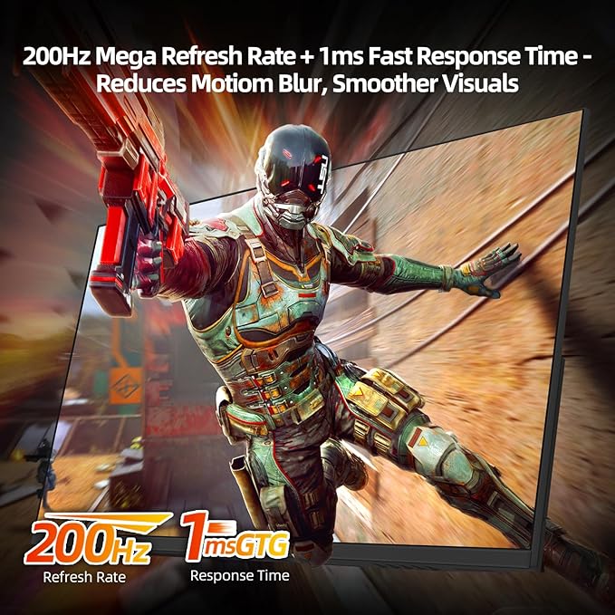 24 Inch 1080P 200Hz Gaming Monitor, FHD Fast IPS Panel, 124% sRGB 1ms HDR Zero-Frame Computer Monitor, Built-in Speaker, HDMI 2.1, DisplayPort 1.4, FreeSync & G-Sync, Tilt, VESA, Eye Care