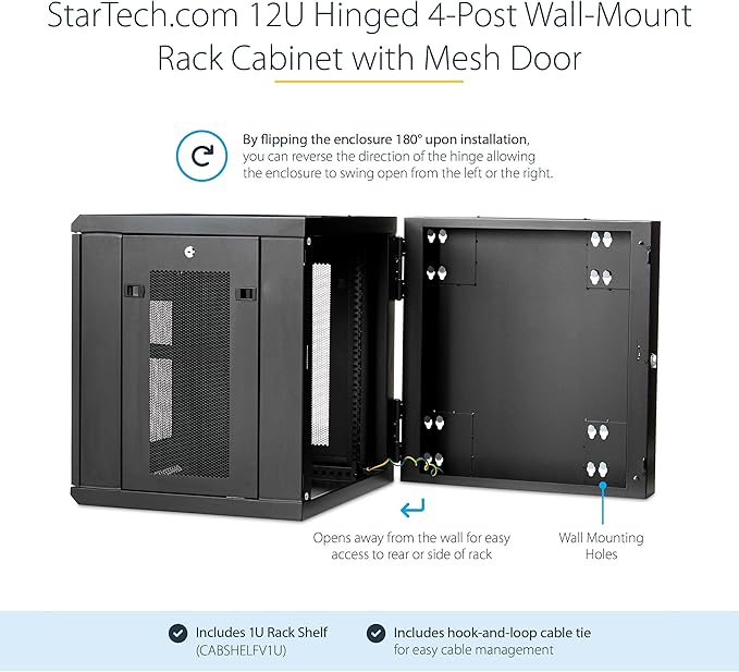 StarTech.com 4-Post 12U Wall Mount Network Cabinet with 1U Shelf, 19in Wall-Mounted Server Rack Kit, Up to 20in Mounting Depth, Ships Fully Assembled