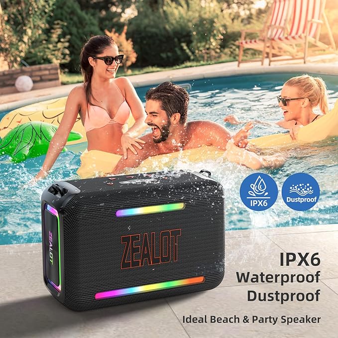 ZEALOT 120W Bluetooth Speaker, Wireless Speakers IPX6 Waterproof Loud Bluetooth Subwoofer Speaker with LED Light, 40H Playtime, Custom EQ, Portable Wireless Stereo Paired Speakers for Outdoor, Party