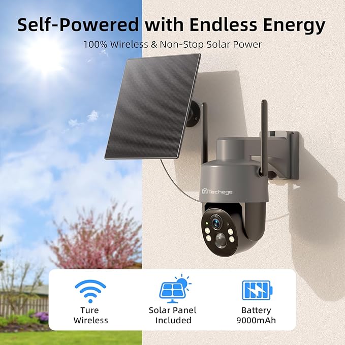 Techage 4G LTE Cellular Solar Security Camera Wireless Outdoor, 2.5K NO WiFi Security Camera with Color Night Vision, 360° PTZ Live View, PIR Motion Detection, 2 Way Talk, 64GB Card Built-in SIM Card