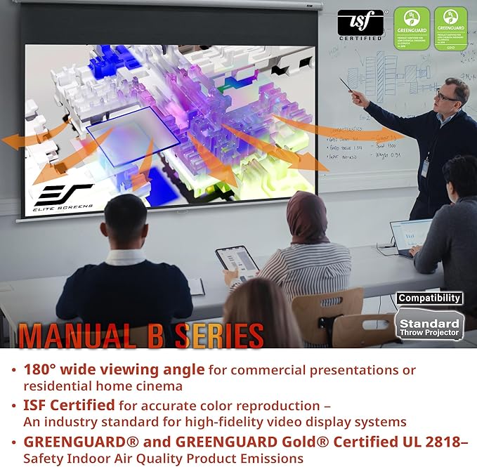 Elite Screens Manual Pull Down Projector Screen 120-INCH Home Movie Cinema Gaming Office Presentation, ISF Certified, Auto-Lock Mechanism, 4K / 8K 3D Ultra HDR HD Ready, M120H