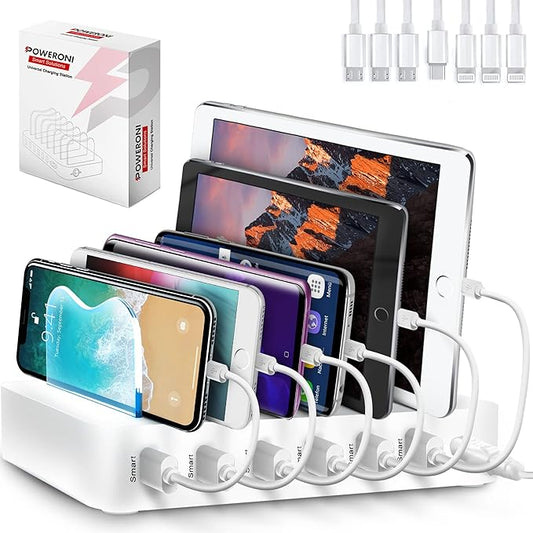 USB Charging Dock - 6-Port - Fast Charging Station for Multiple Devices Apple - Multi Device Charger Station - Compatible with Apple iPad iPhone and Android Cell Phone and Tablet