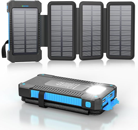 Solar Power Bank 38800mAh with 4 Solar Panels, Portable Charger USB C 18W Fast Charge for iPhone Samsung, IP67 Waterproof Outdoor External Battery Pack with Flashlight Light/SOS/Strobe