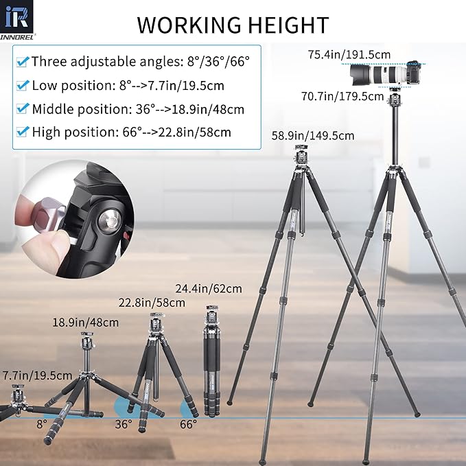 Carbon Fiber Tripod-INNOREL GT324C Professional Compact Tripod for DSLR Camera Heavy Duty Stand with Low Gravity Center Ball Head Special-Shaped Center Column Max Load 55lbs/25kg