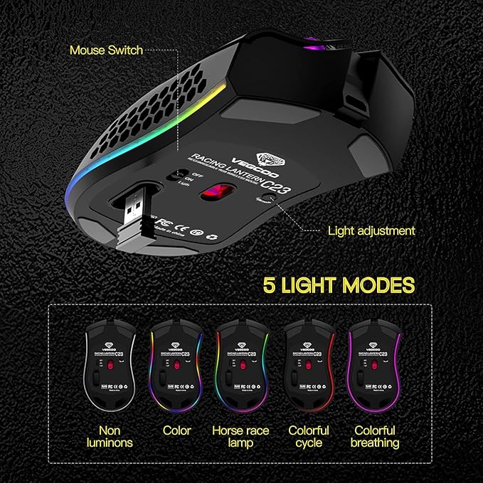 VEGCOO Wireless Gaming Mouse, C23 Silent Click Wireless Rechargeable Mouse with Colorful LED Lights and 3 Level DPI 400mah Lithium Battery for Laptop and Computer (Black)
