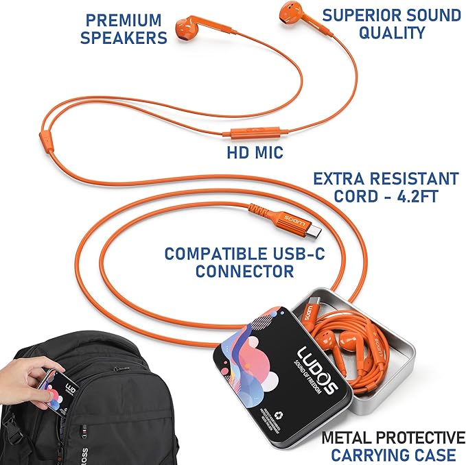 LUDOS FEROX USB C Headphones for iPhone 16 15 Pro Max Plus iPad Pro, 5 Years Warranty, USB-C Earbuds for Samsung Galaxy S24 S23 Ultra S22 S21 S20 A55 A54 A53, USB Type C Earphones - Orange