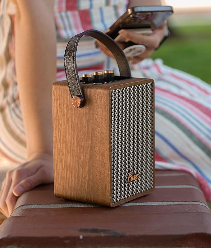 Fuse Andle Vintage Retro Bluetooth Speaker with Vegan Leather Handle | Portable Speaker with Smartphone Connection | USB & AUX Input | Stylish Brown Wood Exterior