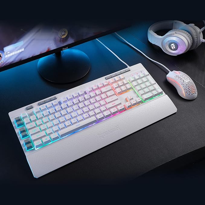 Redragon K512 Shiva RGB Backlit Membrane Gaming Keyboard with Multimedia Keys, Linear Mechanical-Feel Switch, 6 Extra On-Board Macro Keys, Dedicated Media Control, Detachable Wrist Rest, White