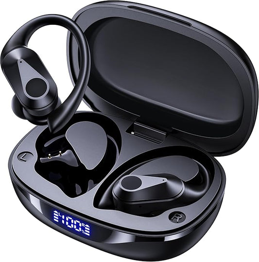 Active Noise Cancelling Ear Buds Bluetooth Headphones Wireless Earbuds with 90H Playtime LED Display Wireless Charging Case, IPX7 Waterproof Over Ear Earhooks Earphones for Sport Running Gym