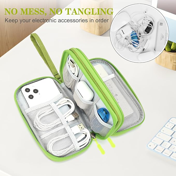 FYY Travel Cable Organizer Pouch Electronic Accessories Carry Case Portable Waterproof Double Layers All-in-One Storage Bag for Cord, Charger, Phone, Earphone Green