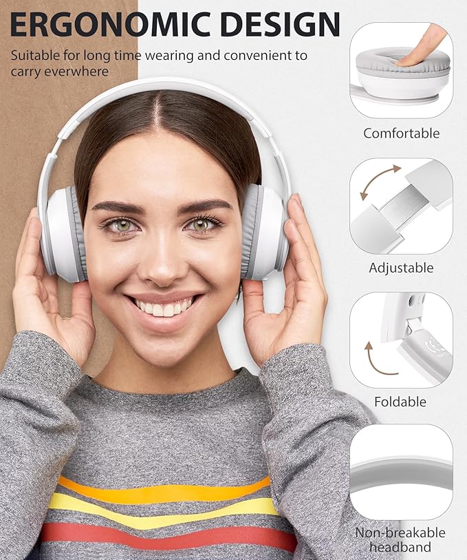 rockpapa E7 Over Ear Wireless Bluetooth Headphones with Mic Include Travel Case, Foldable Wired/Wireless Headphones with Microphone for Kids Childrens Boys Girls Teen Youth Adult White Grey