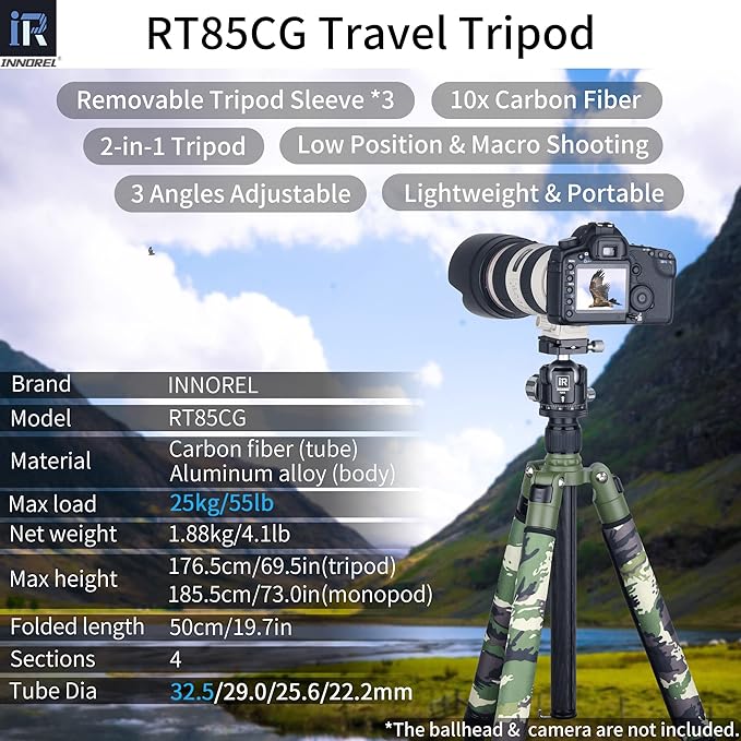 Carbon Fiber Tripod-RT85CG Super Professional Tripod Monopod Heavy Duty Compact Stand Support with Green Gamouflage Tripod Leg Covers for Digital DSLR Camera, max Load 25kg/55lb